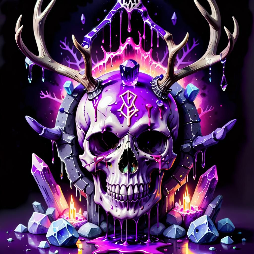 Neon Skull with Antlers in Watercolor Style
