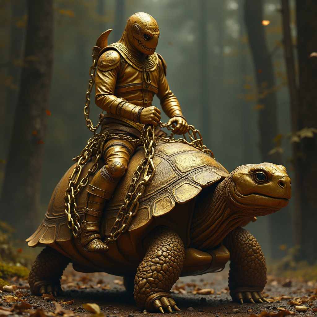 Golden Fantasy Character Rides Turtle: Digital Matte Paintin...