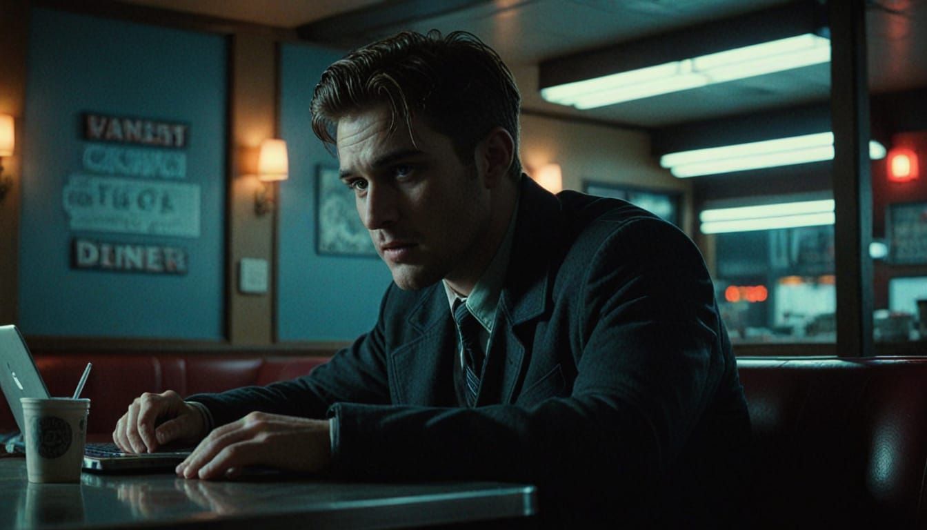 Dark Diner Scene with Haunted House Warning