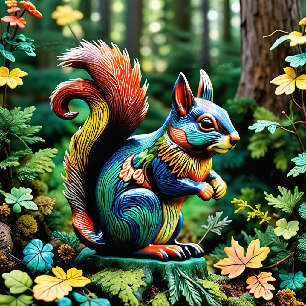 Majolica Squirrel in Forest: Intricate Details