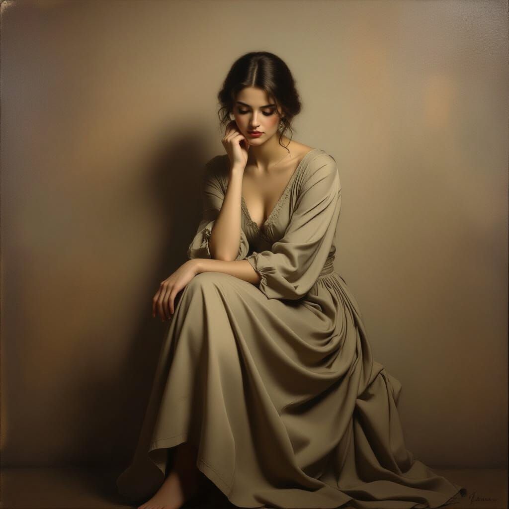 Contemplative Woman in Somber Oil Painting Style