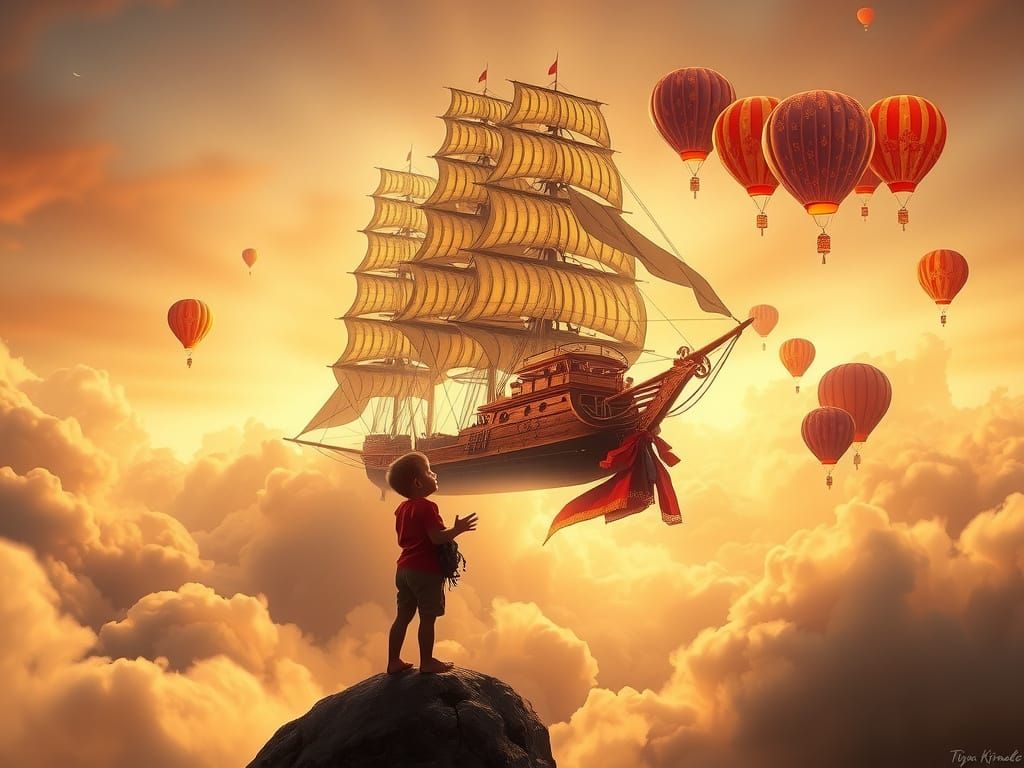 Child Gazing at Flying Ship in Dreamlike Dusk