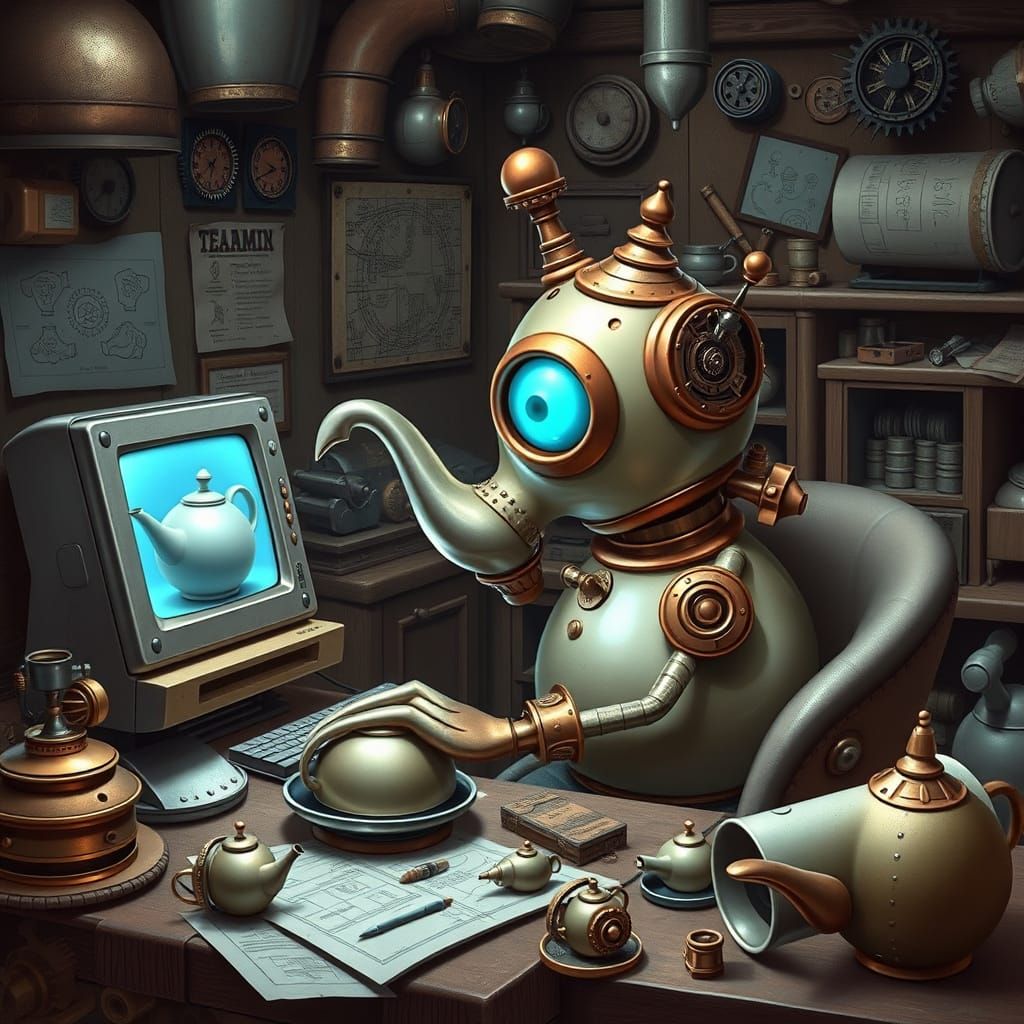 Steampunk Teapot Designer in Industrial Futurism Style