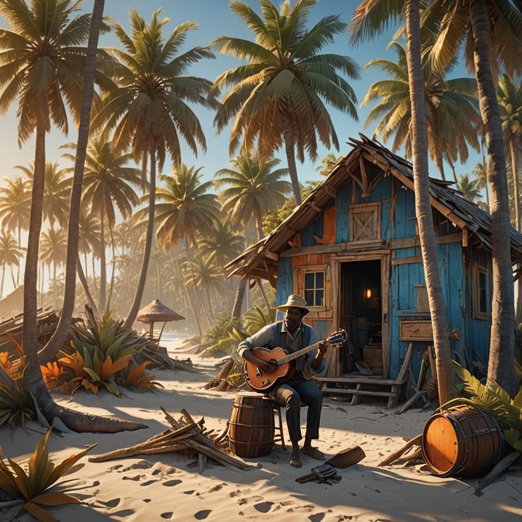Beach Shack Banjo Player in Detailed Fantasy Art