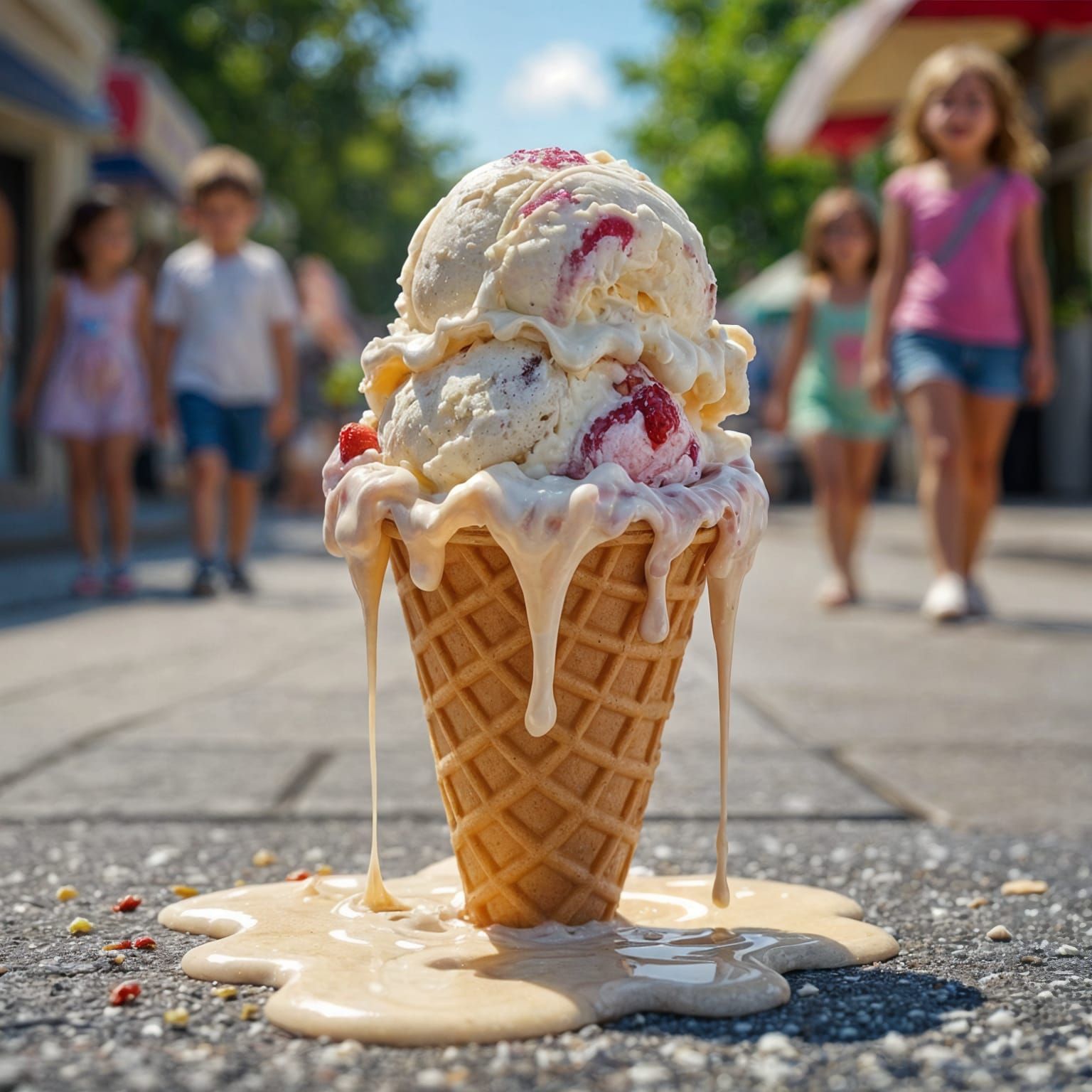 Hyperrealistic Melting Ice Cream Cone on Summer Day