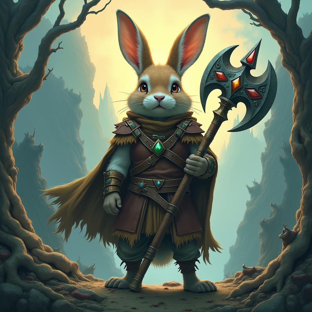 Heroic Bunny Warrior in Fantasy Landscape