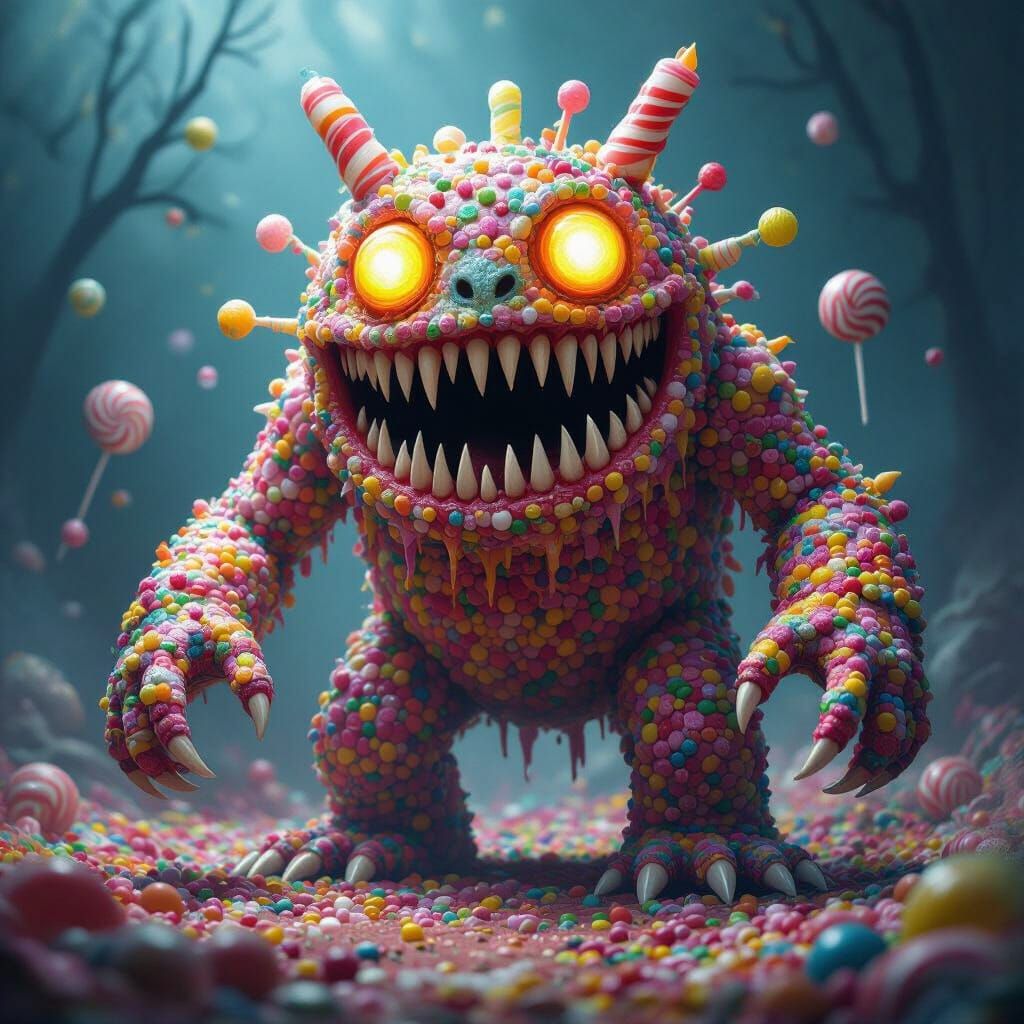 Scary Candy Monster in Surreal Horror Style
