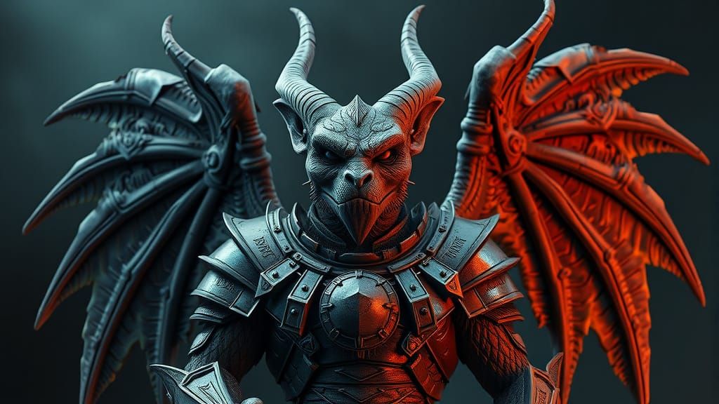 Hyperrealistic Gargoyle in Vibrant Triadic Armor