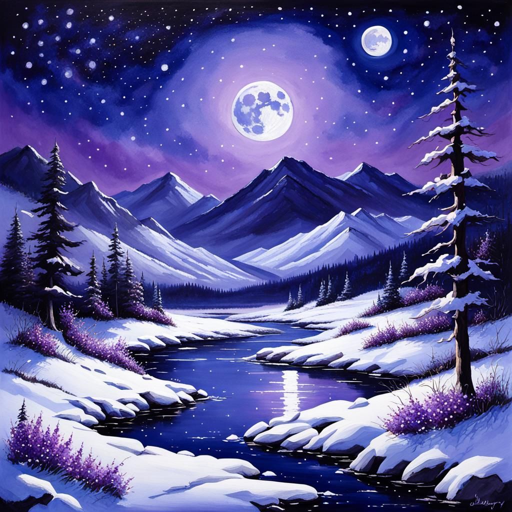 Winter Creek Under Purple Moon in Watercolors