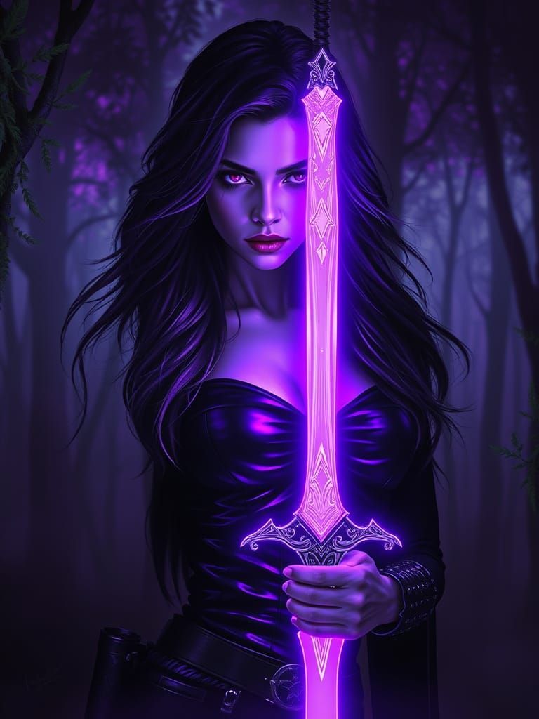 Ethereal Warrior Unveils Violet Sword in Dark Forest
