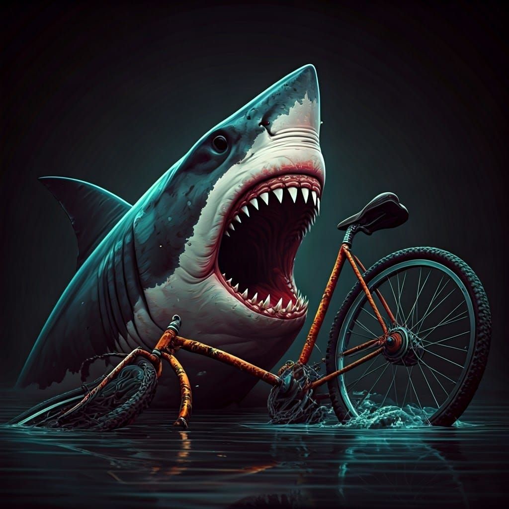 Great White Shark Devouring Bicycle in Biomechanical Style