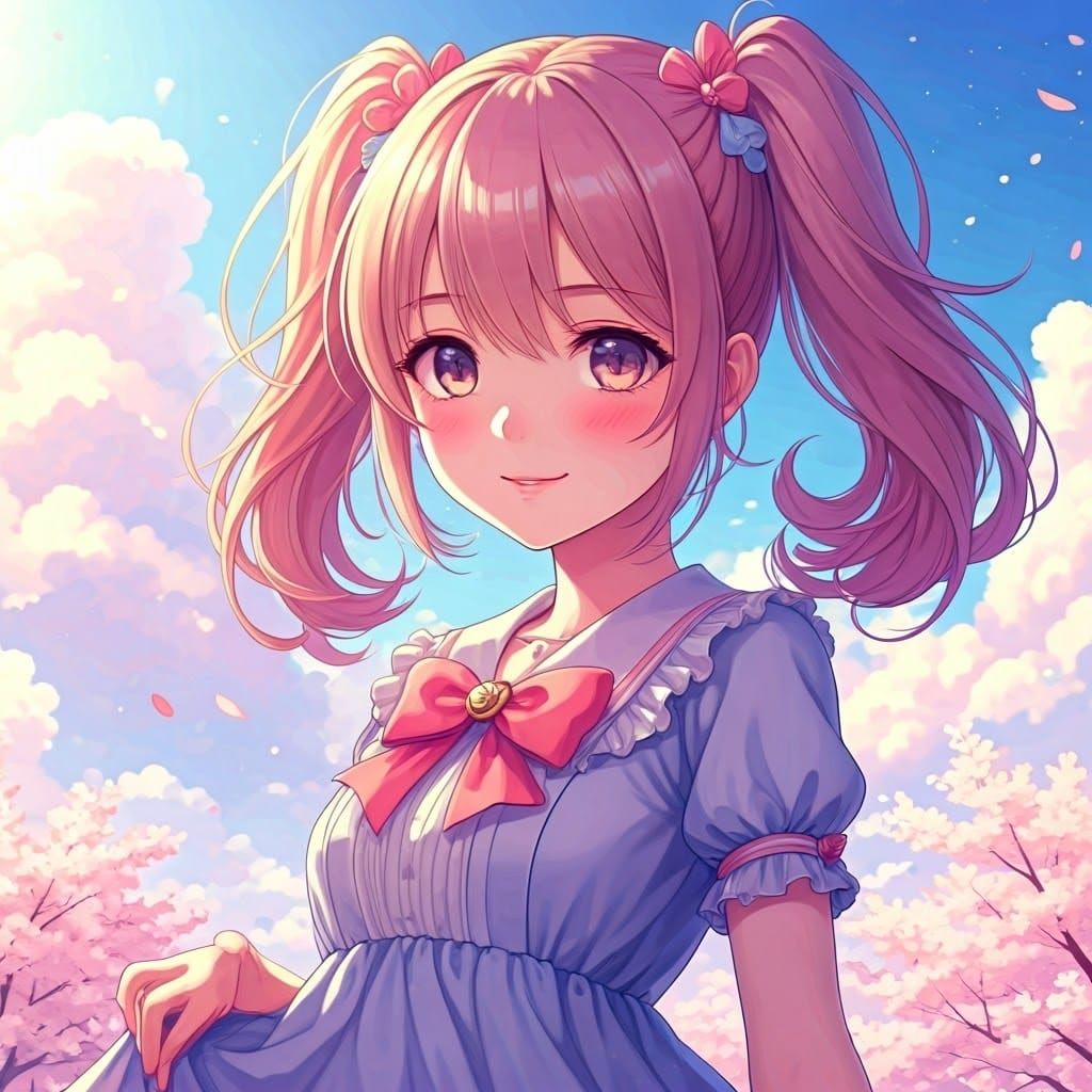 Young Girl with Pigtails in Whimsical Cherry Blossom Wonderl...