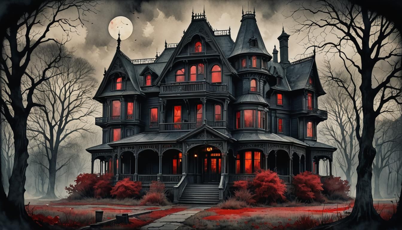 Gothic Art Nouveau Horror House in Watercolor
