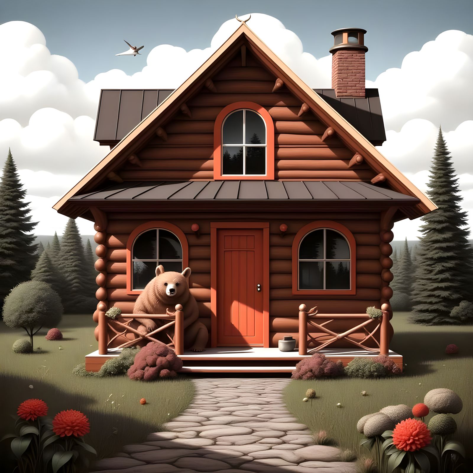 Rustic Log Cabin with Majestic Bear on the Porch