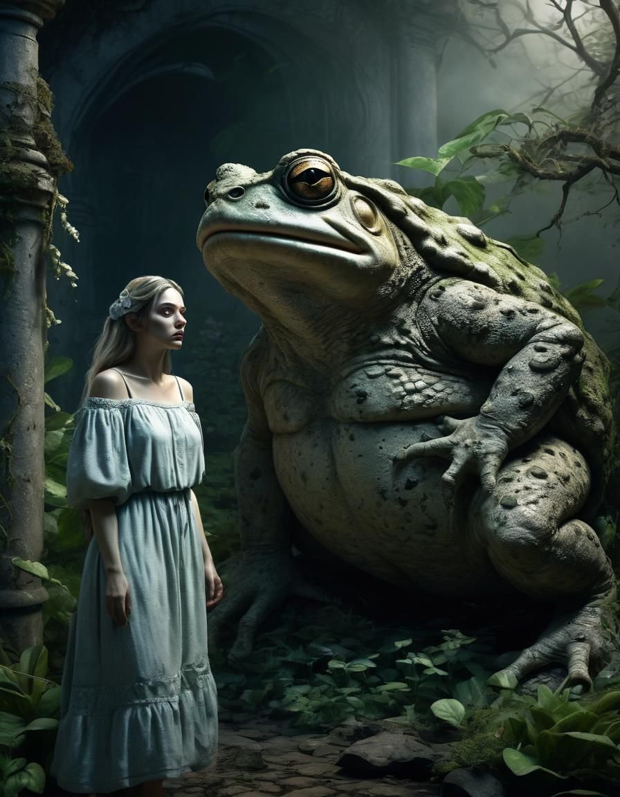 Frightened Girl and Stone Toad in Overgrown Garden