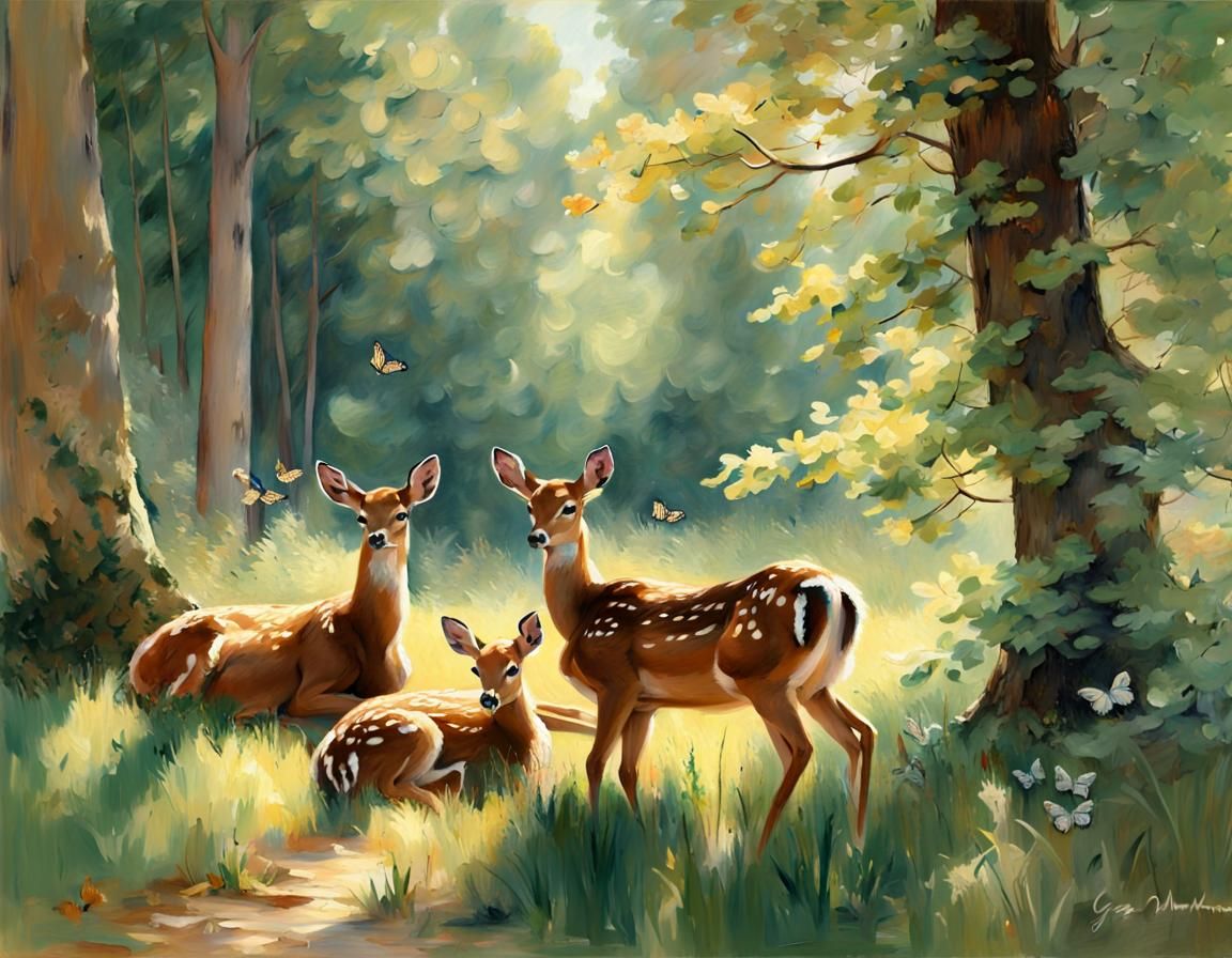 Doe and Fawn in Impressionist Spring Woodland