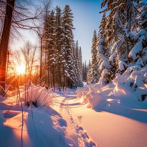 Winter Snowshoe Trail Through Snowy Woods