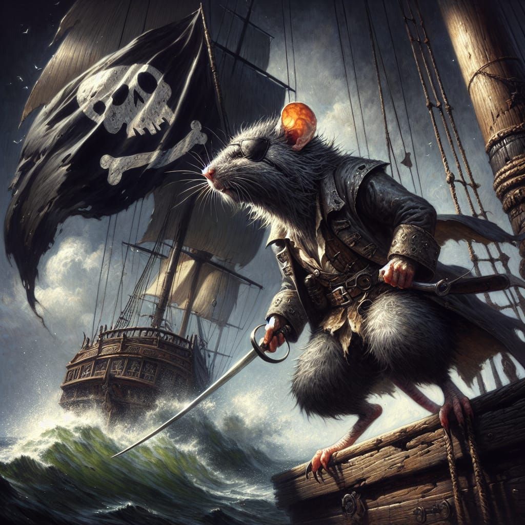 Rat Pirate at the Helm: Romantic Era Illustration