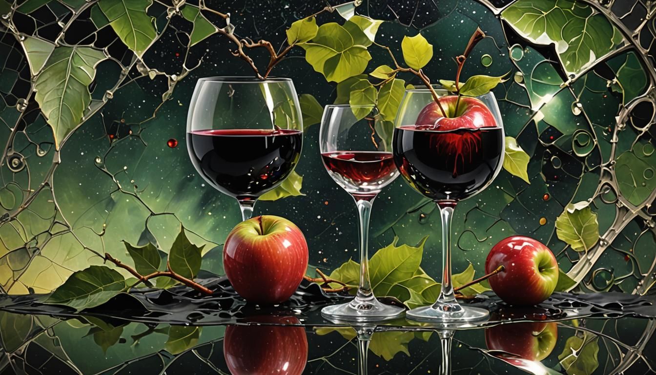 Futuristic Still Life: Chrome Wine and Cosmic Apple