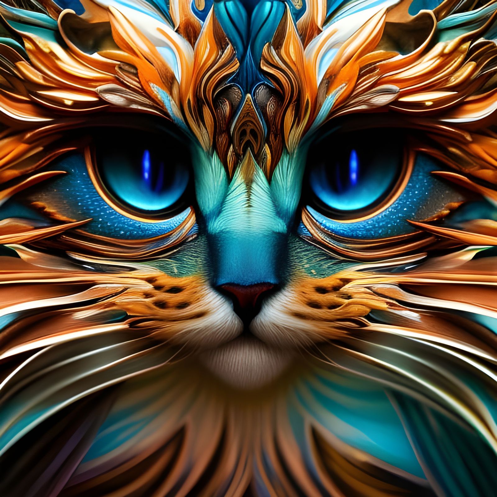 Detailed Teal Cat Portrait in Japanese Art Style