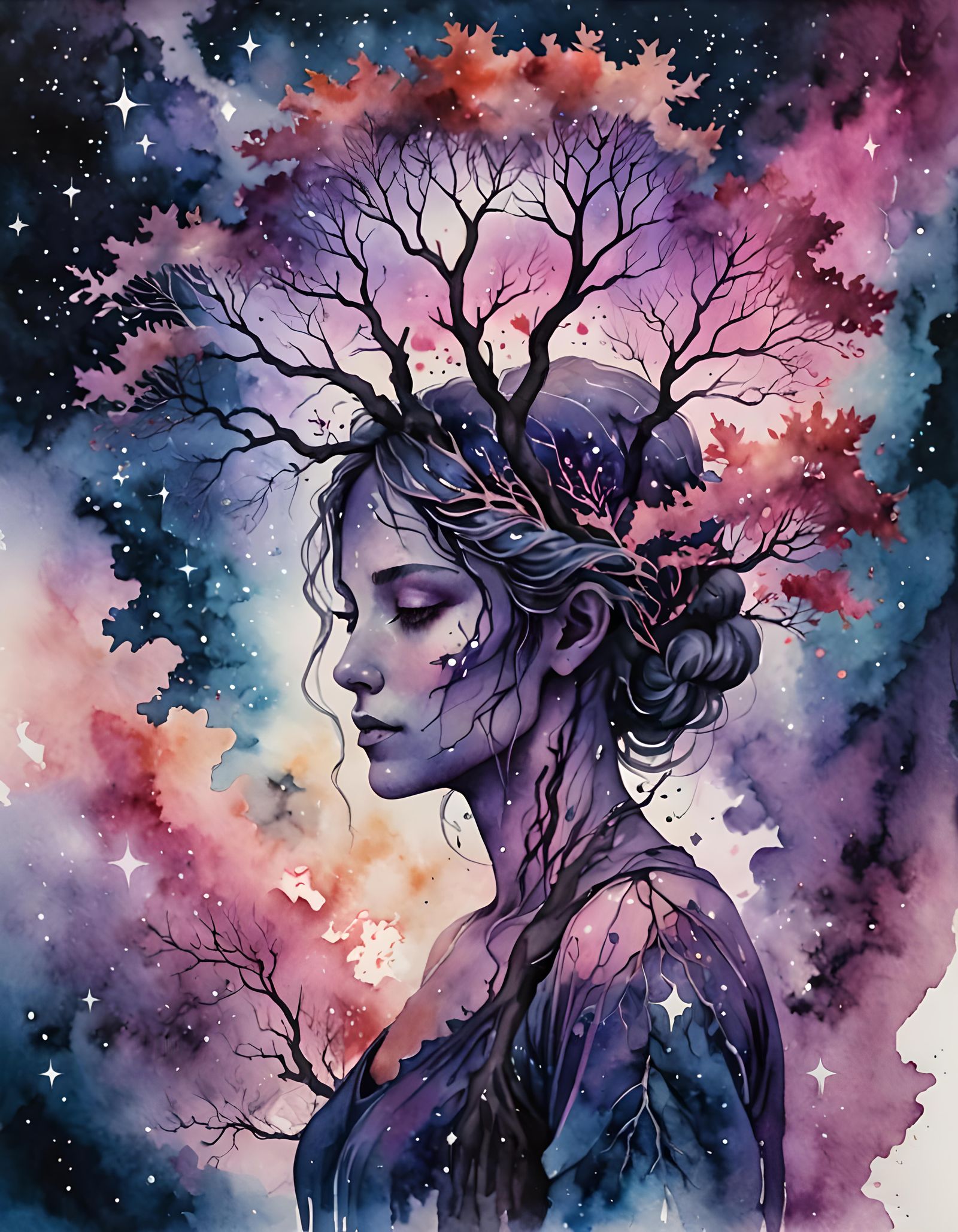 Watercolor Painting of Ancient Tree with Female Figure