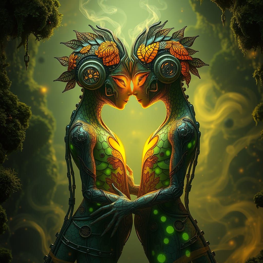 Luminescent Water Beings Embrace in Bioluminescent Cave