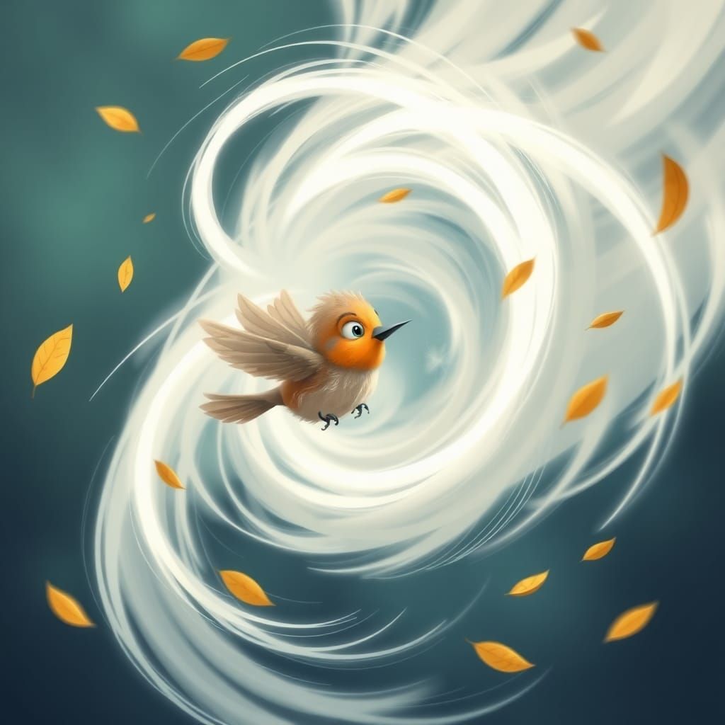 Bird Struggles Against Wind in Cartoon Style