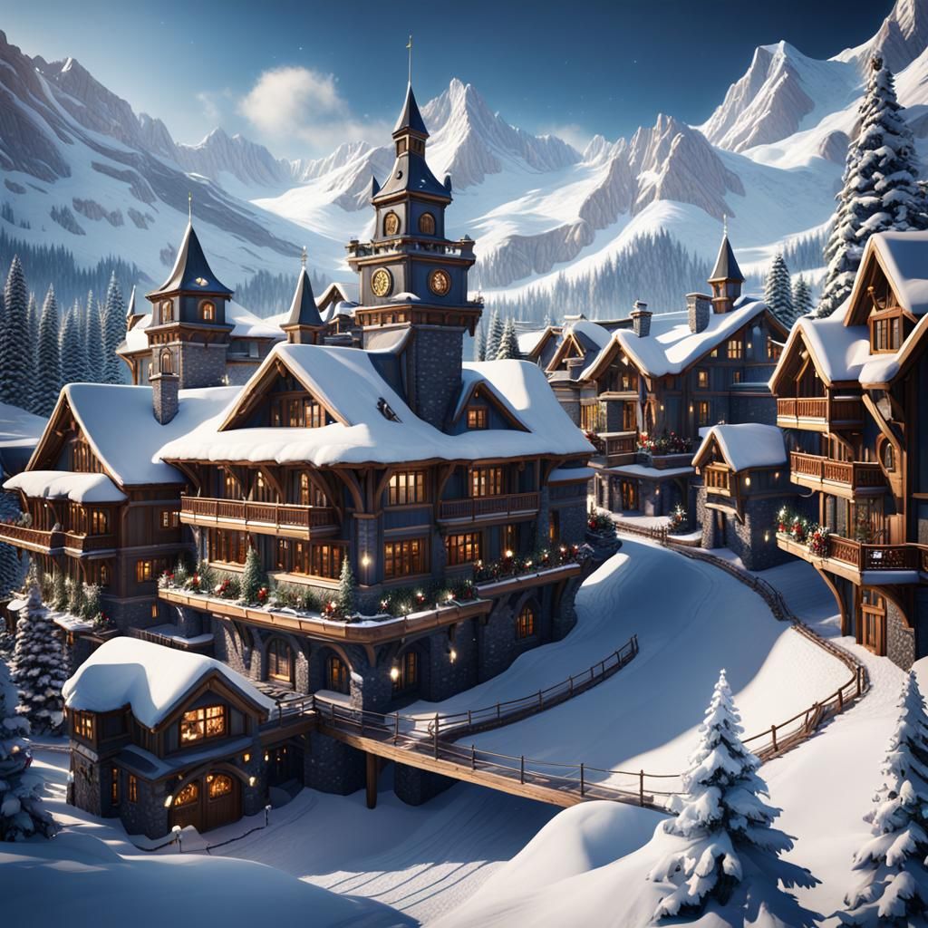 Luxury Ski Resort at Christmas: Detailed Matte Painting