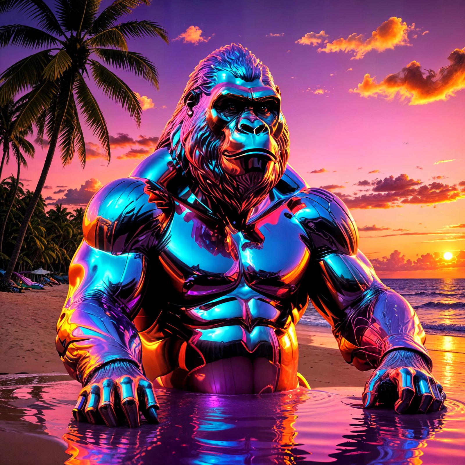 Golden Gorilla Lounging in Synthwave Sunset