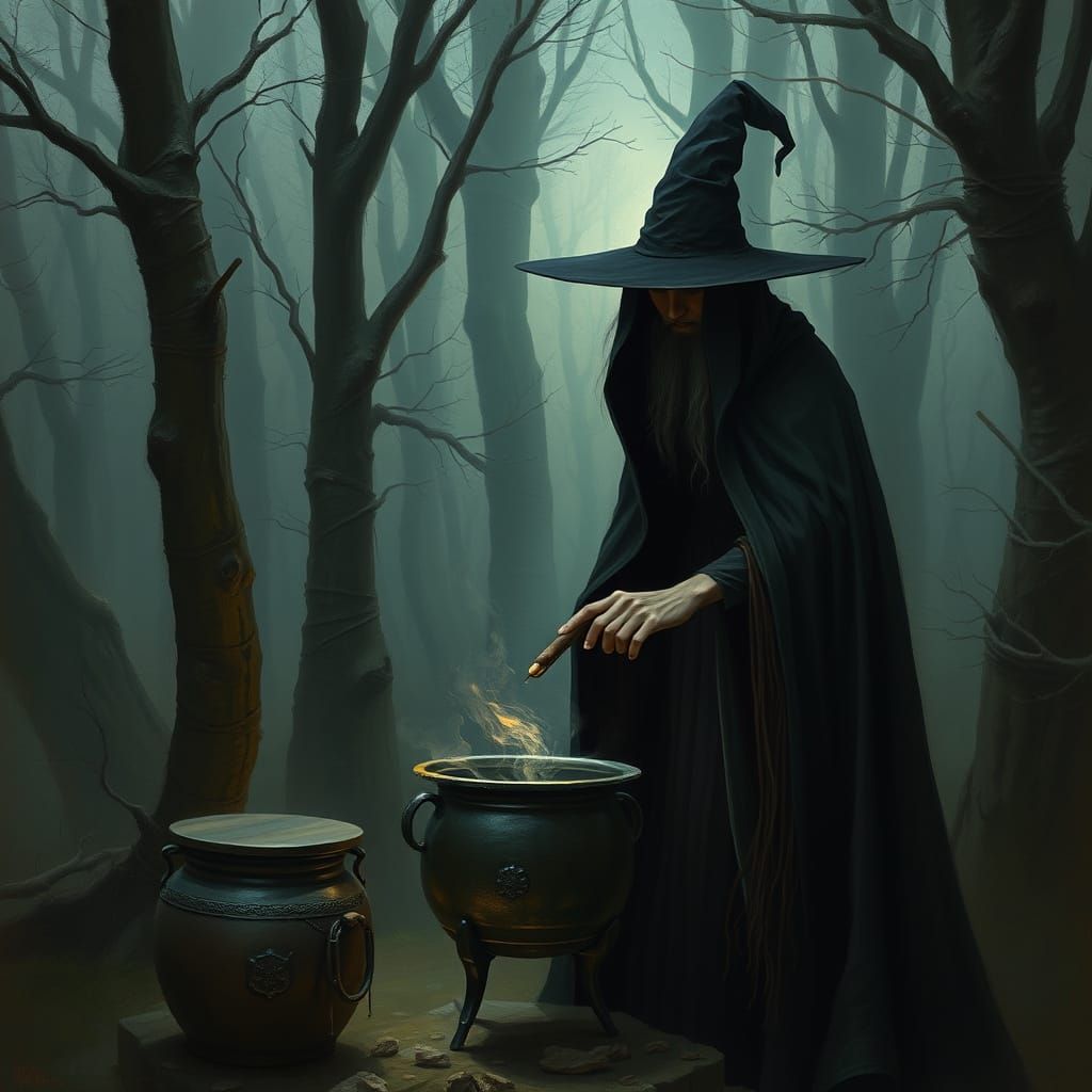 Witch Stirring Cauldron in Mystical Forest
