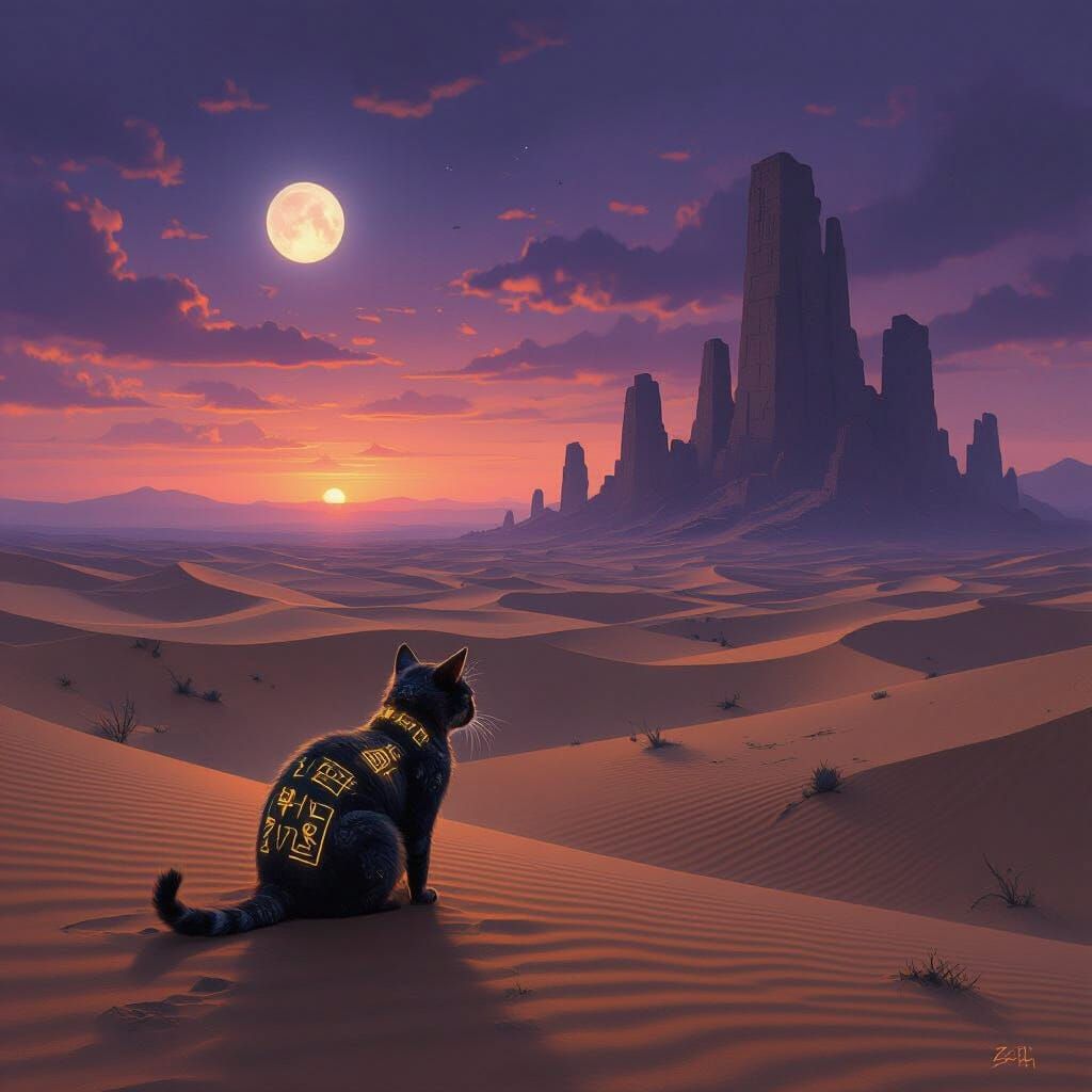 Ancient Cat Over Desert Ruins in Twilight