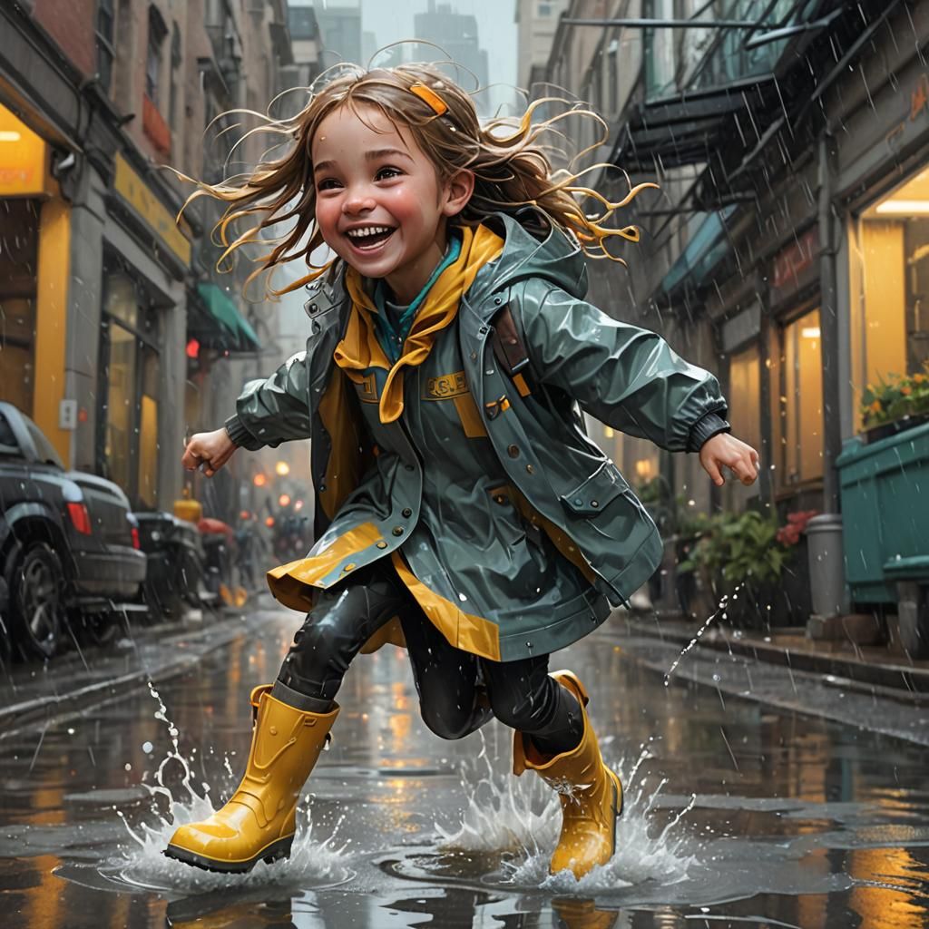 Toddler Girl's Joyful Puddle Jump: Artstation Masterpiece