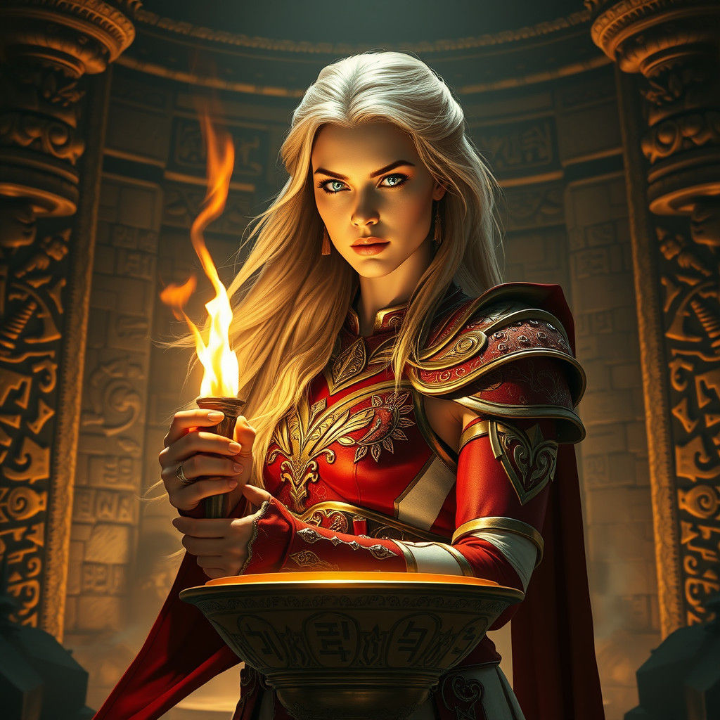 Blonde Warrior with Torch in Mystical Chamber