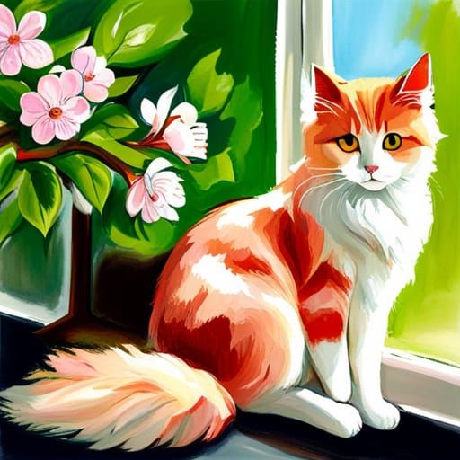 Cute Anime Cat with Impressionist Cherry Blossoms