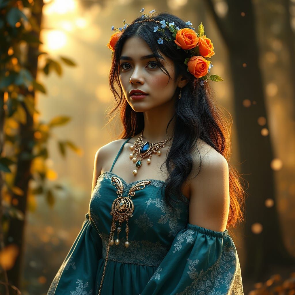 Ethereal Forest Guardian in Teal Gown and Floral Crown