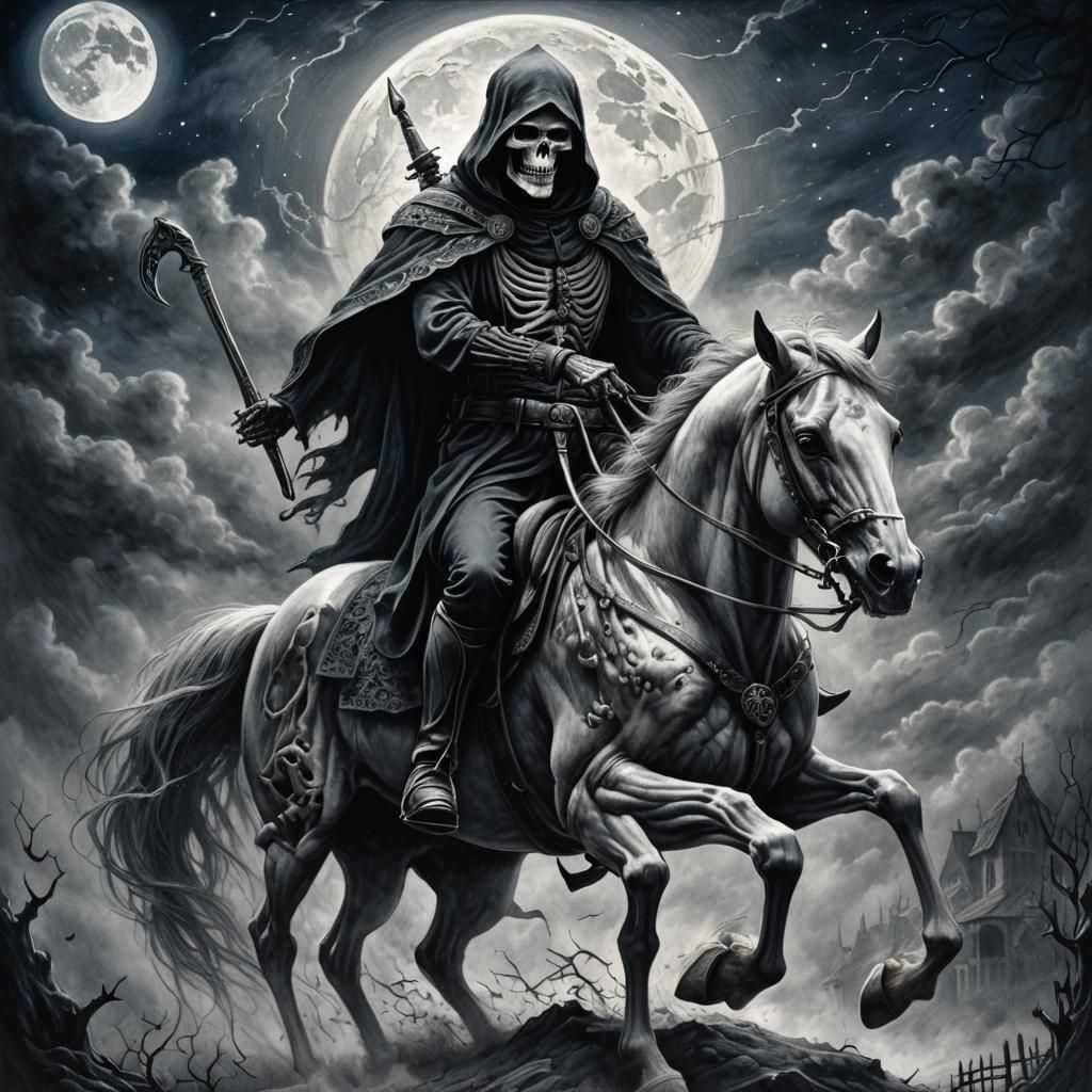 Grim Reaper on Skeleton Horse in Charcoal