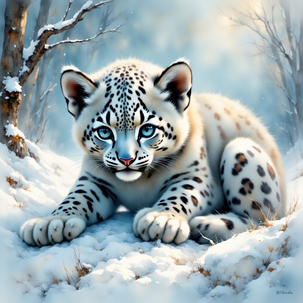 Snow Leopard Cub in Winter Landscape as Digital Art