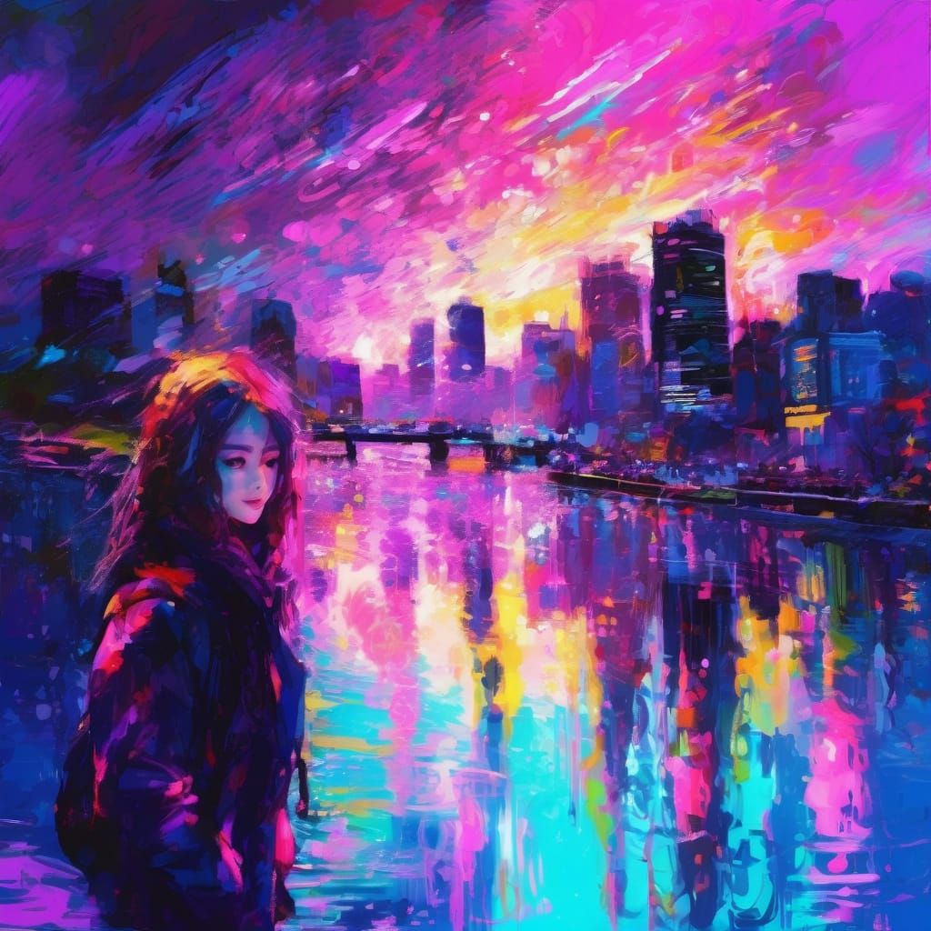 Futuristic UI Airbrush Art with Cityscape Reflection