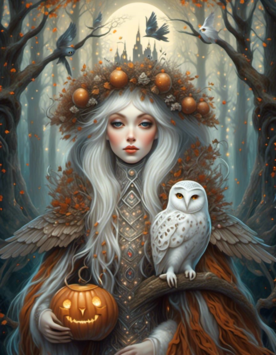 White Magic Witch and Owl at Stonehenge in Moonlight