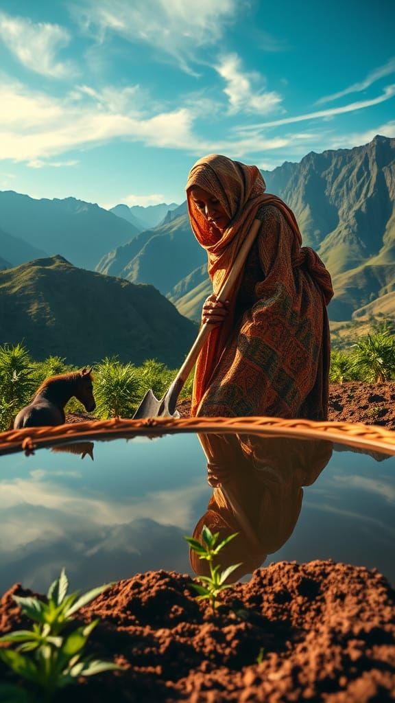 Serene Nubian Mother in Earth-Toned Robes Amidst Majestic Mo...