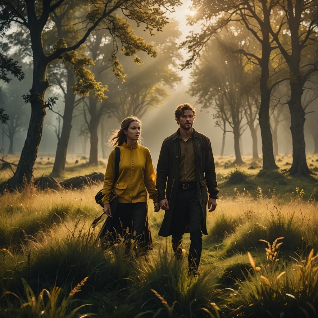 Cinematic Portrait of Two Figures in Meadow