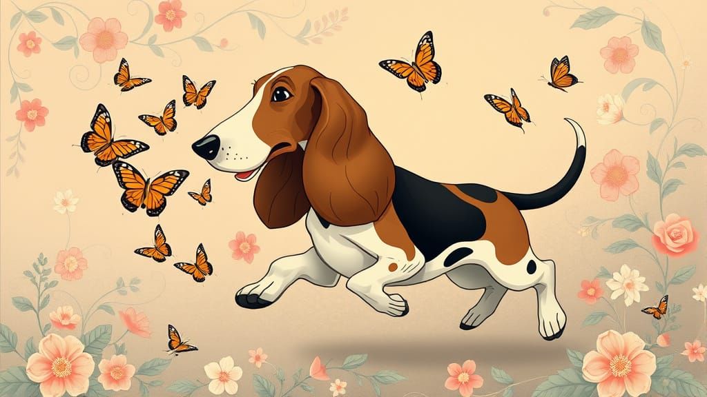 Stylized Basset Hound Chasing Butterflies in Pastel Colors