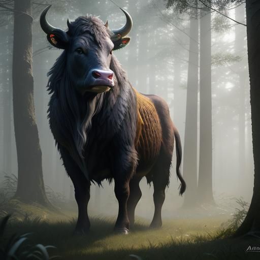 Mystical Cow in Dreamlike Forest, Fantasy Art