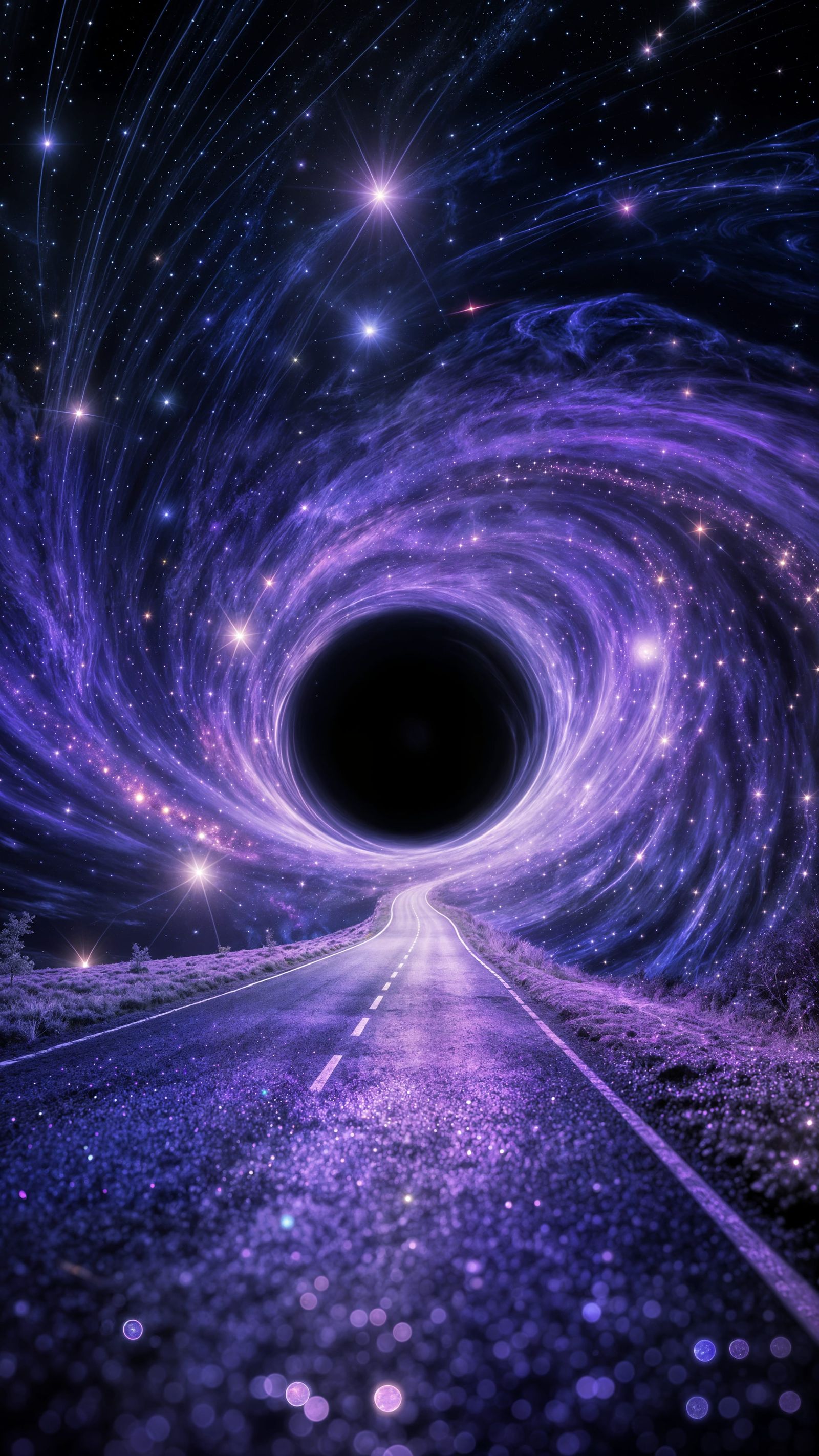 Photorealistic Road to Purple Magic Black Hole in Space
