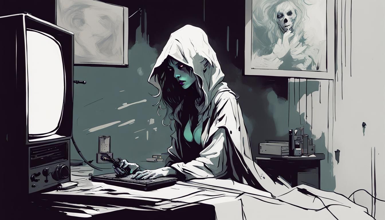 Creepy Ghost in Dark School: Synthwave Neon Art