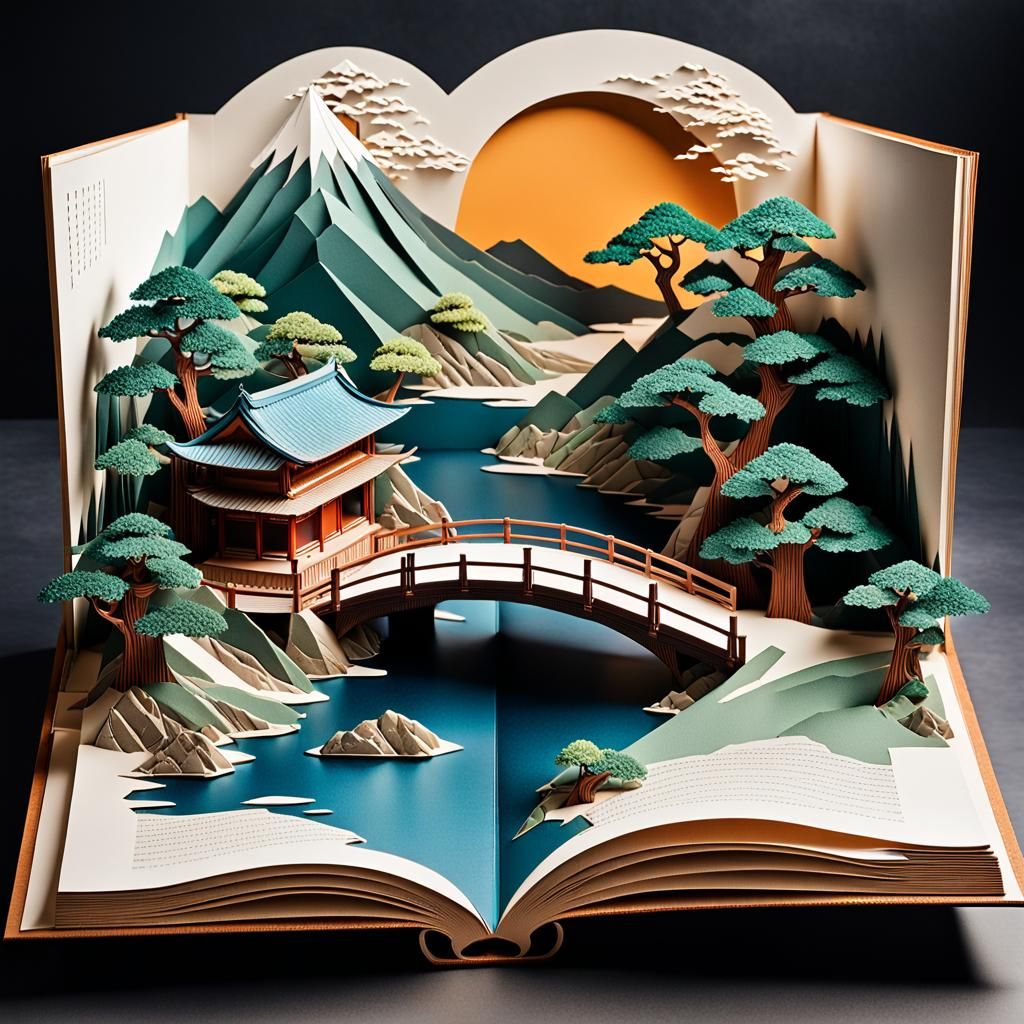 Japanese Landscape Pop-Up Book in Cardboard Art Style