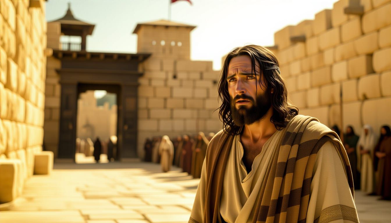 Jesus at Jerusalem Temple Gates in Dramatic Lighting