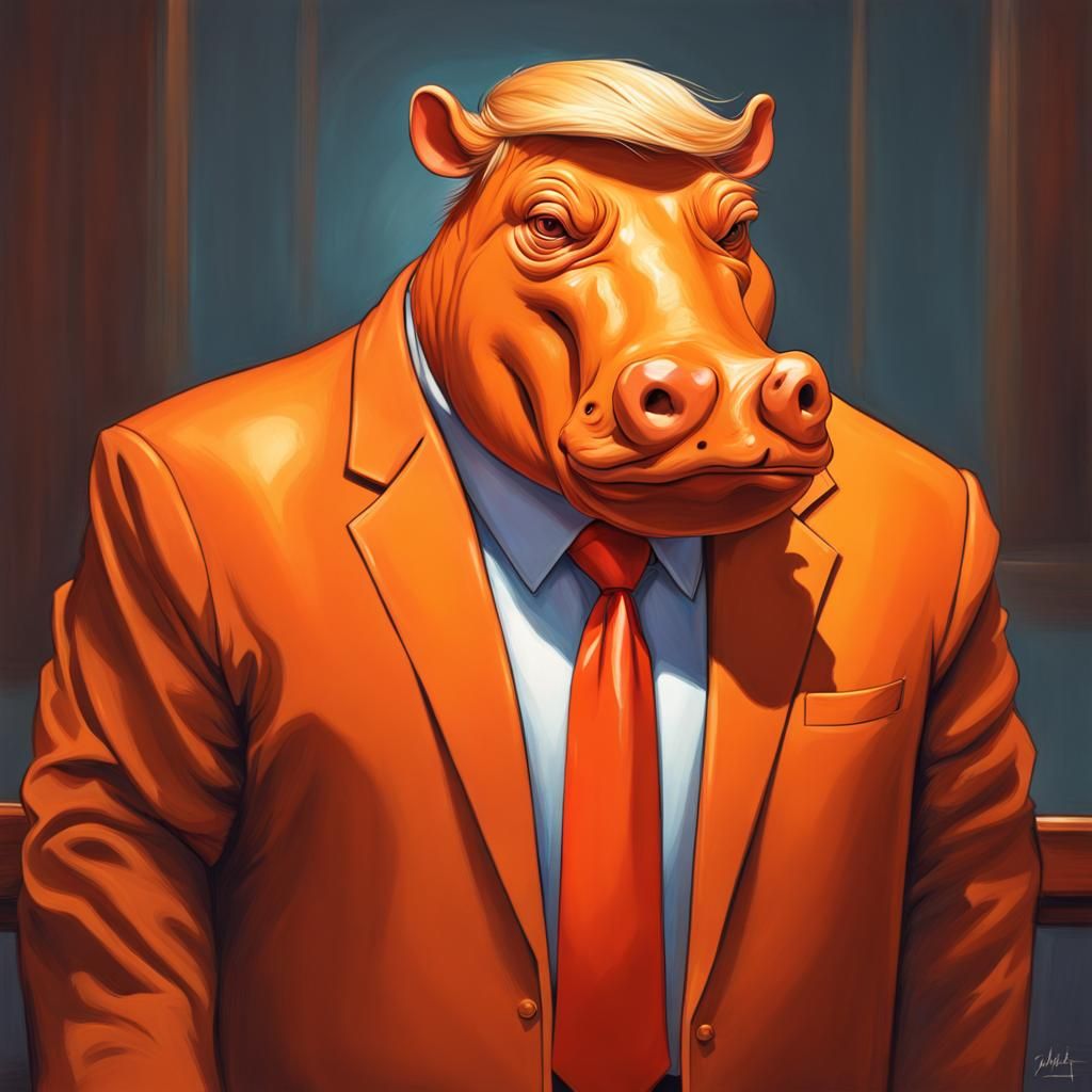 Orange Hippo in Court: Hyperrealistic Splash Art