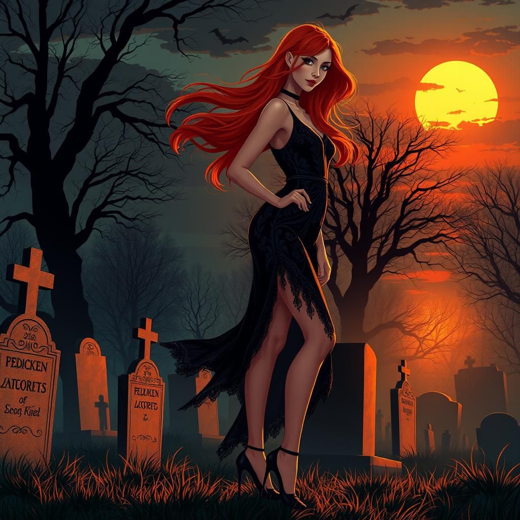 Art Deco Woman in Graveyard at Dusk
