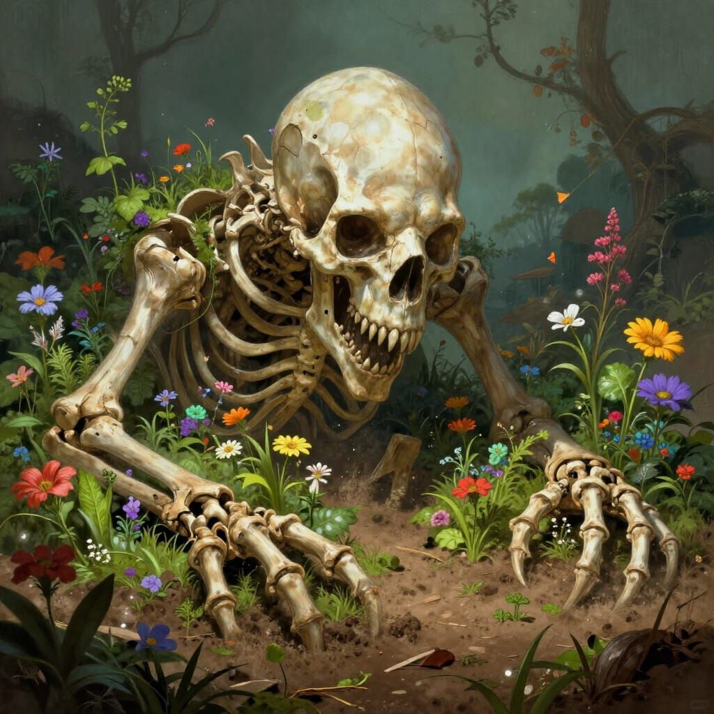Ancient Monster Skeleton Reborn Amidst Blooming Flowers